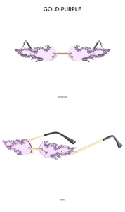 Frameless flame sunglasses in gold-purple with sparkling rhinestone-studded edges