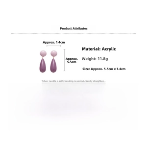 Detailed view of purple acrylic teardrop earrings with silver needle and size measurements