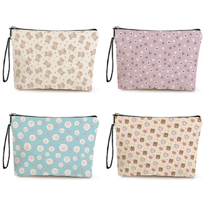 Cute Cartoon Bear Cat Print Makeup Bag Polyester Linen Canvas Zipper Toiletry Bag With Handle For Women Girls