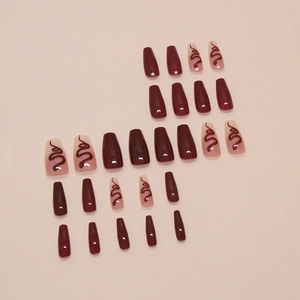 Deep burgundy and nude coffin press-on nails set with minimalist hand-painted line art
