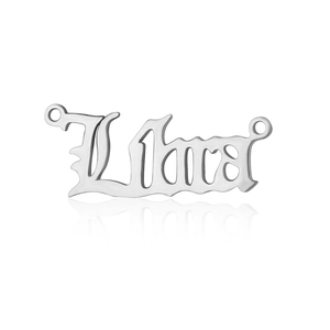 Macro view of Libra zodiac charm in silver stainless steel with gothic lettering design
