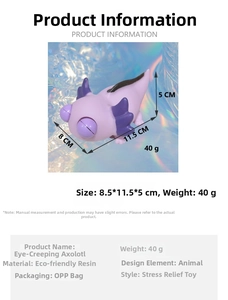Detail showing dimensions of 8.5x11.5cm for the purple axolotl squeeze stress relief toy