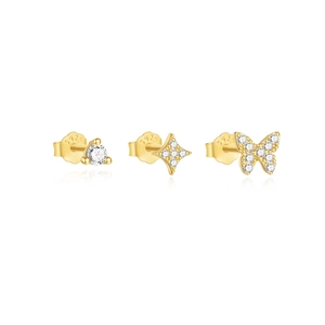 Golden S925 silver earring set with butterfly star and round zircon studs on white background