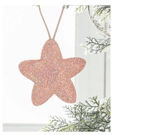 Sparkling pink star Christmas tree ornament with glitter finish and hanging string