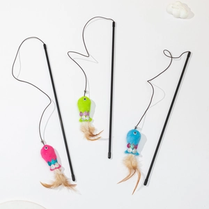 Three cat teaser wands with colorful plush fish and feathers on black rods