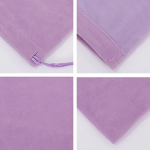 Macro view of purple velvet drawstring pouch showing mesh lining and soft texture details