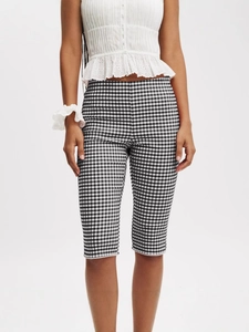 Women's plaid cropped trousers with lace trim and high waist slimming straight cut design