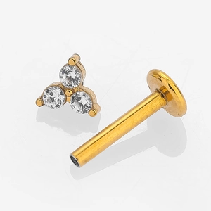 Golden stainless steel internal thread labret stud with three sparkling zircon stones