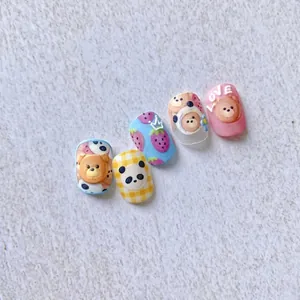 5D stereoscopic cartoon bear and strawberry nail art stickers with colorful plaid patterns