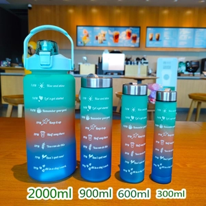 Detailed set of 4 gradient sports water bottles with 2000ml to 300ml capacity and time markers