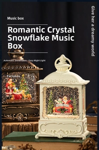 Detail of Christmas lantern music box with snow scene on vintage books background