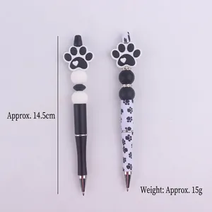 Creative DIY beadable pens with black and white dog paw silicone beads, 14.5cm length