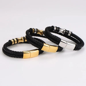 Pulsera de cuero negro trenzado de doble capa con cierre magnético metálico en oro y plata