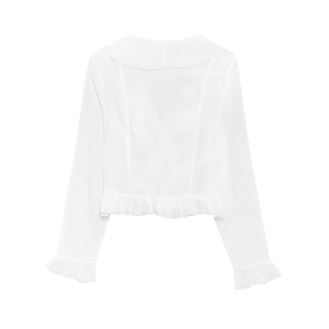 Women's minimalist white long sleeve V-neck blouse with ruffled hem and cuffs