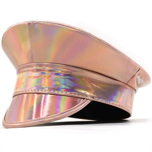 Pink laser finish flat top military hat with shiny metallic PU leather texture