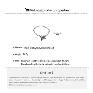 Detailed size specifications for pearl necklace with resin cross and black bow pendant