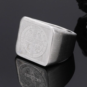 Men's vintage stainless steel Saint Benedict medal signet ring with brushed finish