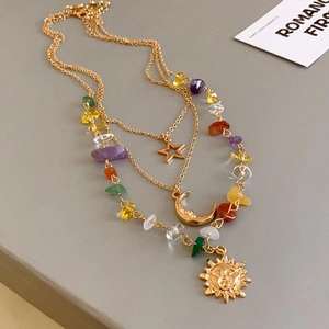 Gold-plated layered sun and moon necklace with colorful natural crushed stones