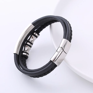 Men's multilayer black woven leather bracelet with stainless steel beads and magnetic clasp