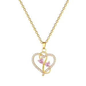 Elegant gold-plated stainless steel heart necklace with pink crystals and clear zirconias