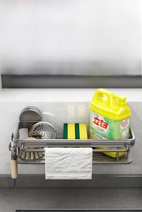Kitchen sink organizer with towel bar and sponge drainer made of stainless steel