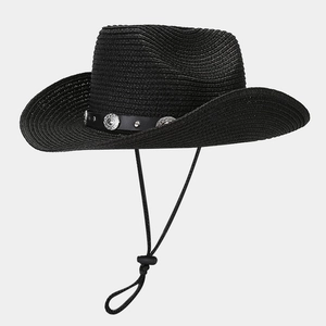 Detailed texture of black straw cowboy hat with leather band and metal buckle accents