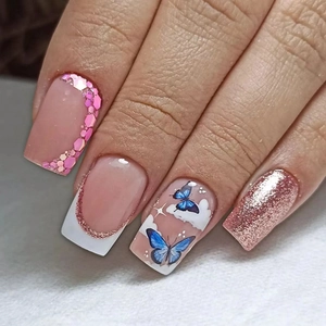 Press On Nails Pink Glitter Blue Butterfly Design French Tip Square Shape Sweet Style Fake Nails For Women Girls