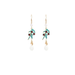 Detail of elegant gold earrings with blue leaves, red beads, and hanging white pearls
