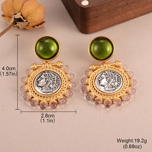 Vintage gold coin earrings with green gems and purple pearls including size specifications