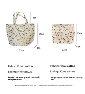 Detail view of floral canvas tote and makeup bag set with dimensions and fabric lining
