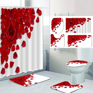 4-piece bathroom set with red roses print shower curtain and matching non-slip mats