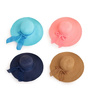 Summer wide brim woven straw sun hat with ribbon bow in blue, pink, and khaki colors