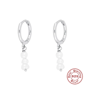 Elegant S925 sterling silver hoop earrings with three dangling white pearls on white background