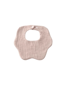 Pink petal-shaped cotton muslin baby bib with snap button closure on white background