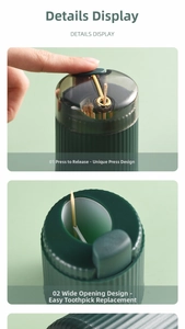 Detail view of push-button automatic toothpick dispenser with large opening design
