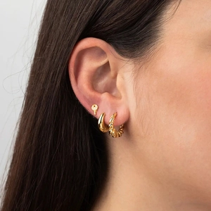 Three-piece set of golden S925 earrings with key stud, thick hoop, and twisted horn hoop