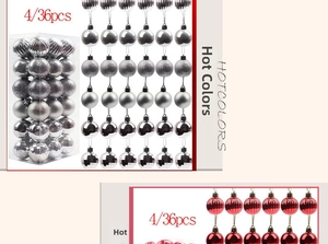 Macro detail of 36pcs Christmas ball set with silver and red mixed finishes in clear box