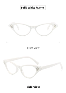 Close-up of white cat eye frames with sparkling rhinestone accents on front and side