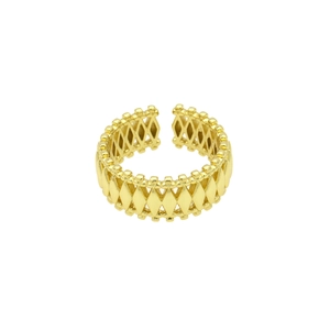 Detail view of 18k gold plated open ring with hollow diamond pattern and beaded edges