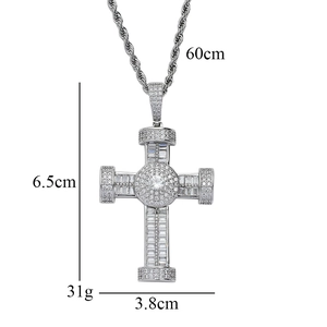 Hip hop silver cross necklace for men with square and round cubic zirconia stones