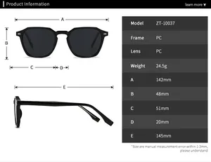 Detailed size specifications for polarized round sunglasses with PC frame and dimensions