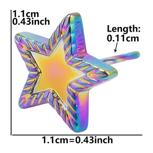 Macro view of rainbow stainless steel star stud earring with physical dimensions