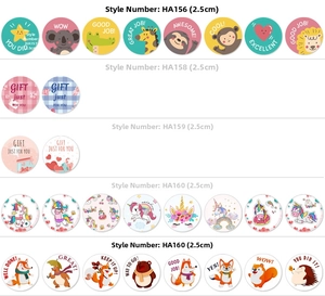 Detail of 2.5cm round floral Thank You stickers and cartoon labels in five different themes