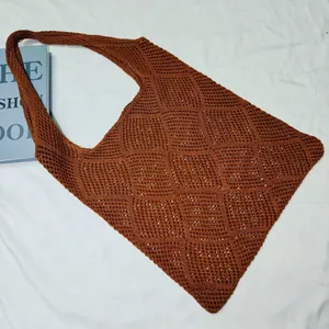 Coffee brown crochet tote bag with hollow diamond knit pattern for summer beach use