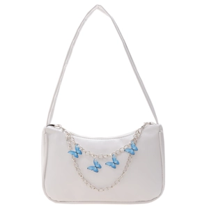 White faux leather shoulder bag with silver chain and blue butterfly pendants detail