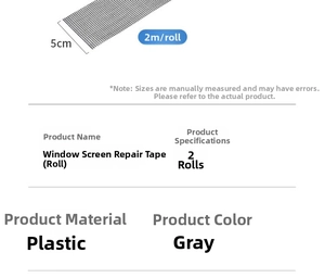 Detail of two rolls of grey 5cm wide adhesive mesh screen repair tape with dimensions