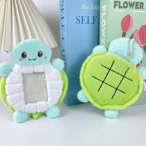 Cute green plush turtle card holder with transparent slot and golden metal chain
