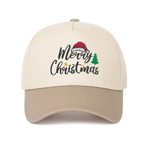 Close-up of Merry Christmas embroidery on a two-tone cotton baseball cap