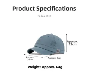 Detail view of washed cotton short brim baseball cap with style tag and size measurements