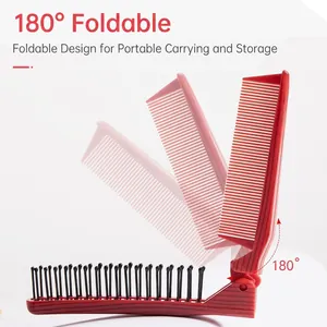Portable 180-degree folding hair comb for children with a compact red handle and black bristles